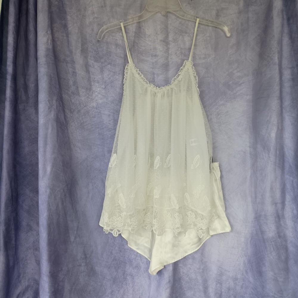 Flora Nikrooz White Butterfly Embroidered Lace Mesh Cami & Shorts Pajama Set